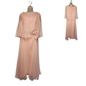 Vintage 70s Peach Formal Gown Maxi A-Line Chiffon Dress Size 14